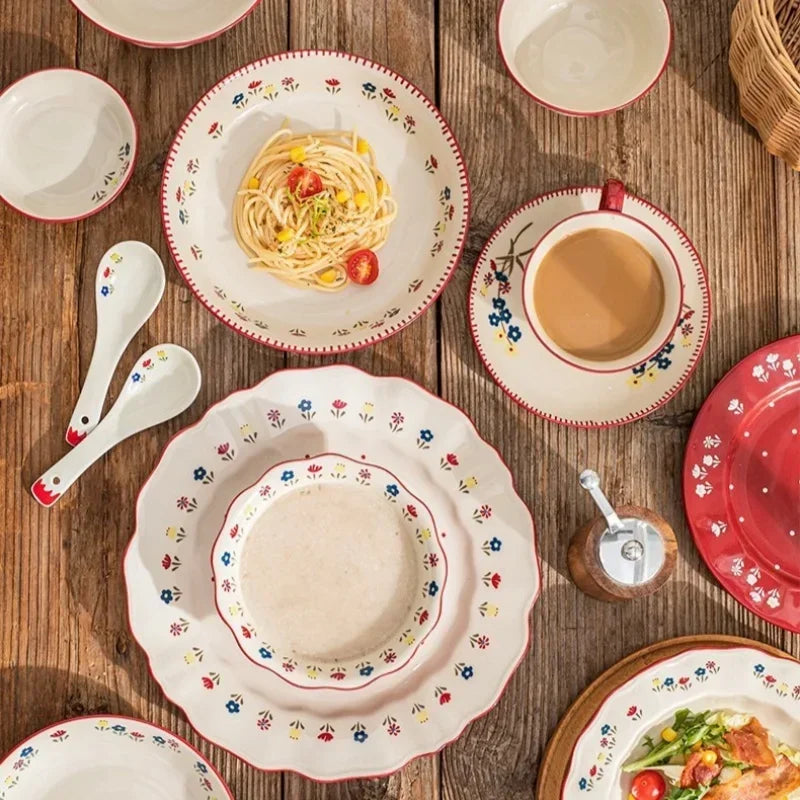 Floral Pattern Soup Bowl Salad Bowl Dish Oval Plate Pastoral Style Dinnerware Table Decoration Kitchen Gadgets Ceramic Tableware