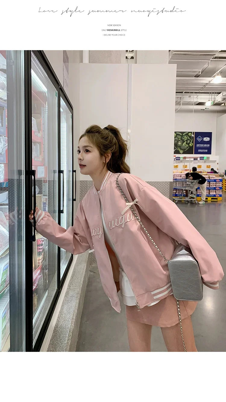 Sweet Butterfly Knot Pink Baseball Jacket Women's Spring Autumn Casual Loose Fit round Neck Full Sleeve Fashionable Coat