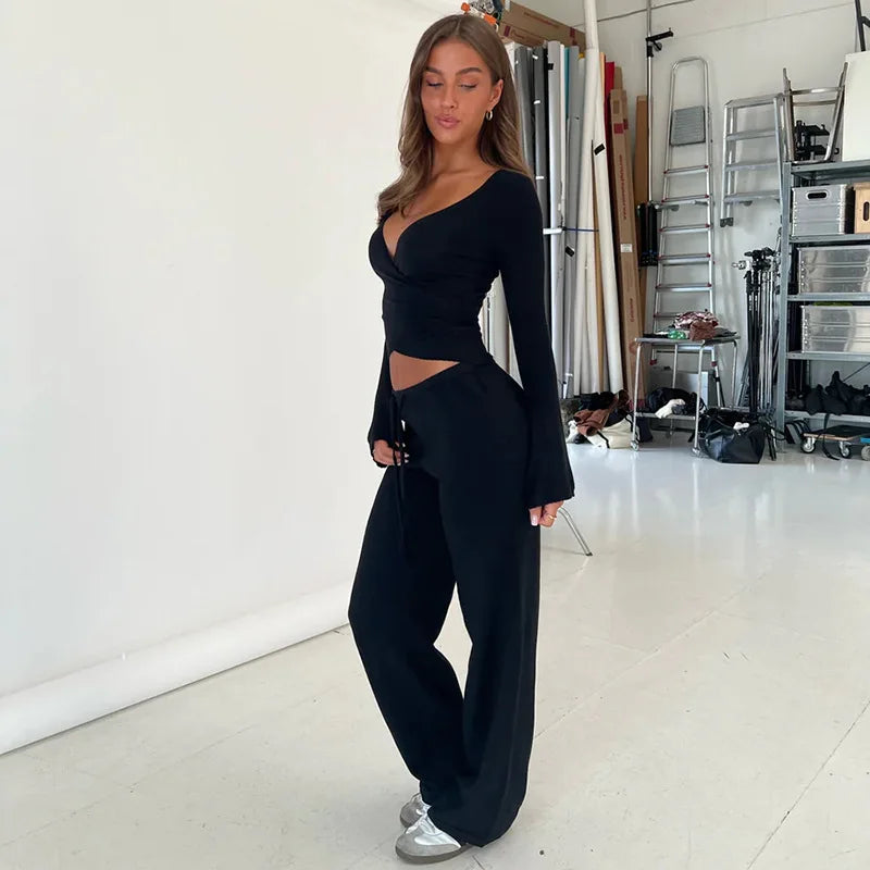 Fashion Drawstring High Waist Trousers Set Lace Up Flared Sleeve V Neck Twist Tops Plush Loose Pants Suit