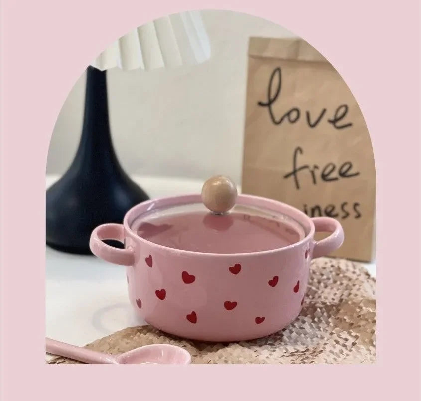 Pink Love Cutlery Set Rice Bowl Ceramic Double Ear Instant Noodle Soup Bowl Hand Paired Spoon Combination Noodle Bowl