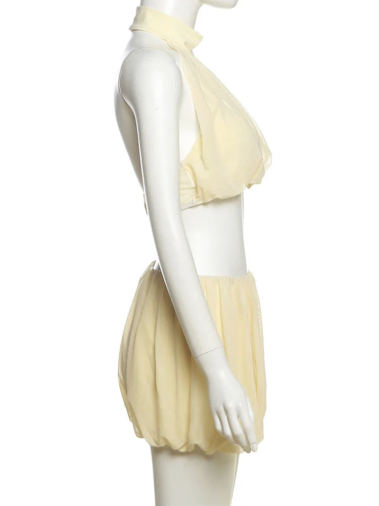 Ruched 2-Piece Set Women Halter Backless Elegant Tank Tops+Waist Skirts Solid Sexy Summer Matching Suits