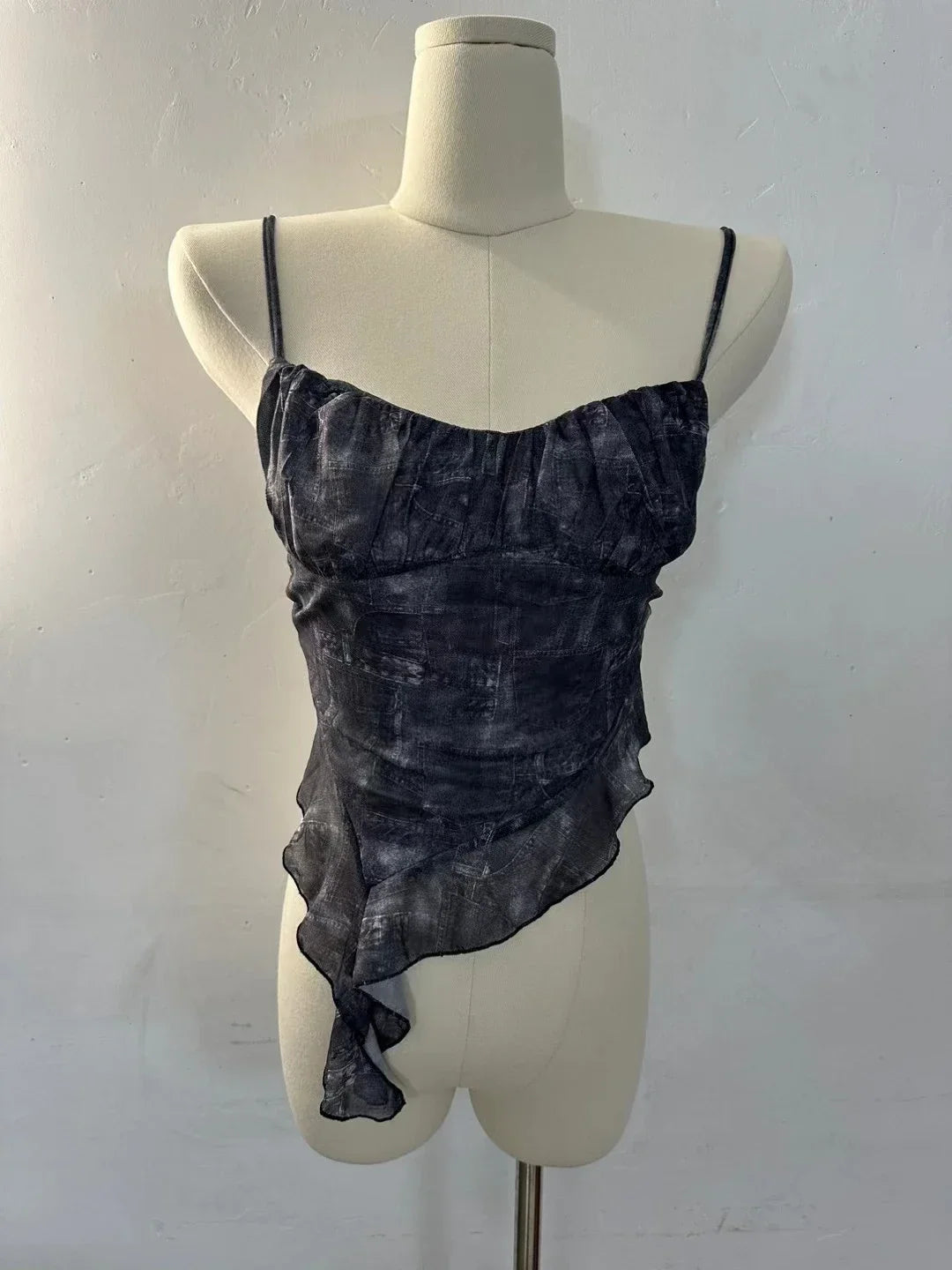 Girls Sweet Ruffles Mesh Camisole Top Lady Camis Sleeveless Printed Floral T shirts Stretch Slim Tanks For Slim Women