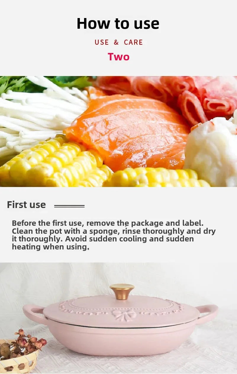 French Romantic Pink Kitchen Enamel Pot Embossed Elliptical Cast Iron Pots Home Stew Pot Grilled Fish Induction Cooker Soup Pots