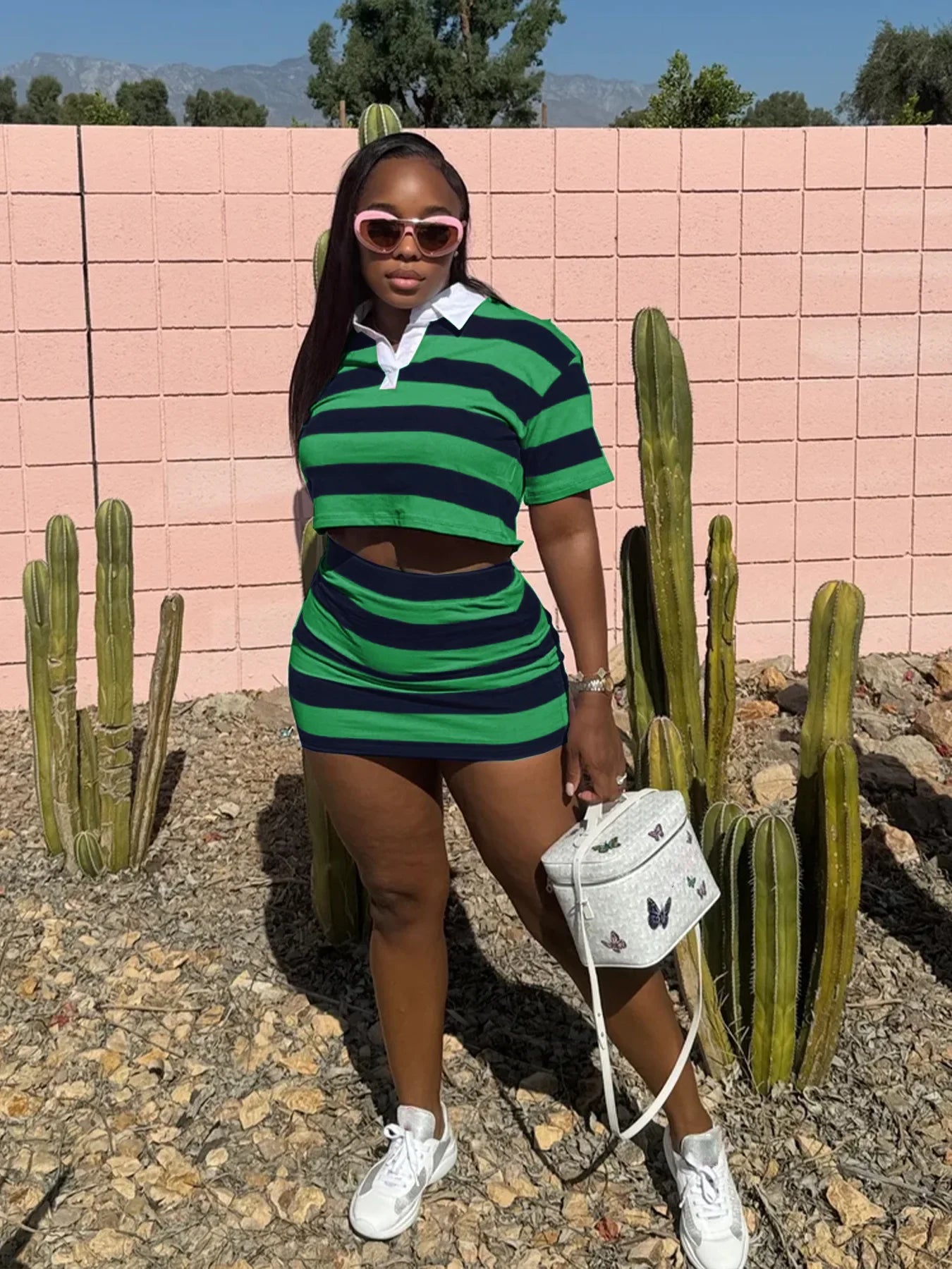 Striped Print Two Piece Set Women Casual Lapel Short Sleeved Polo Tshirt Skirt Two Piece Set Women