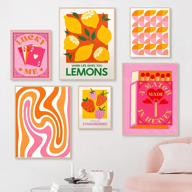 Pink Strawberry Lemon Card Cocktails Drink Posters Retro Canvas Painting