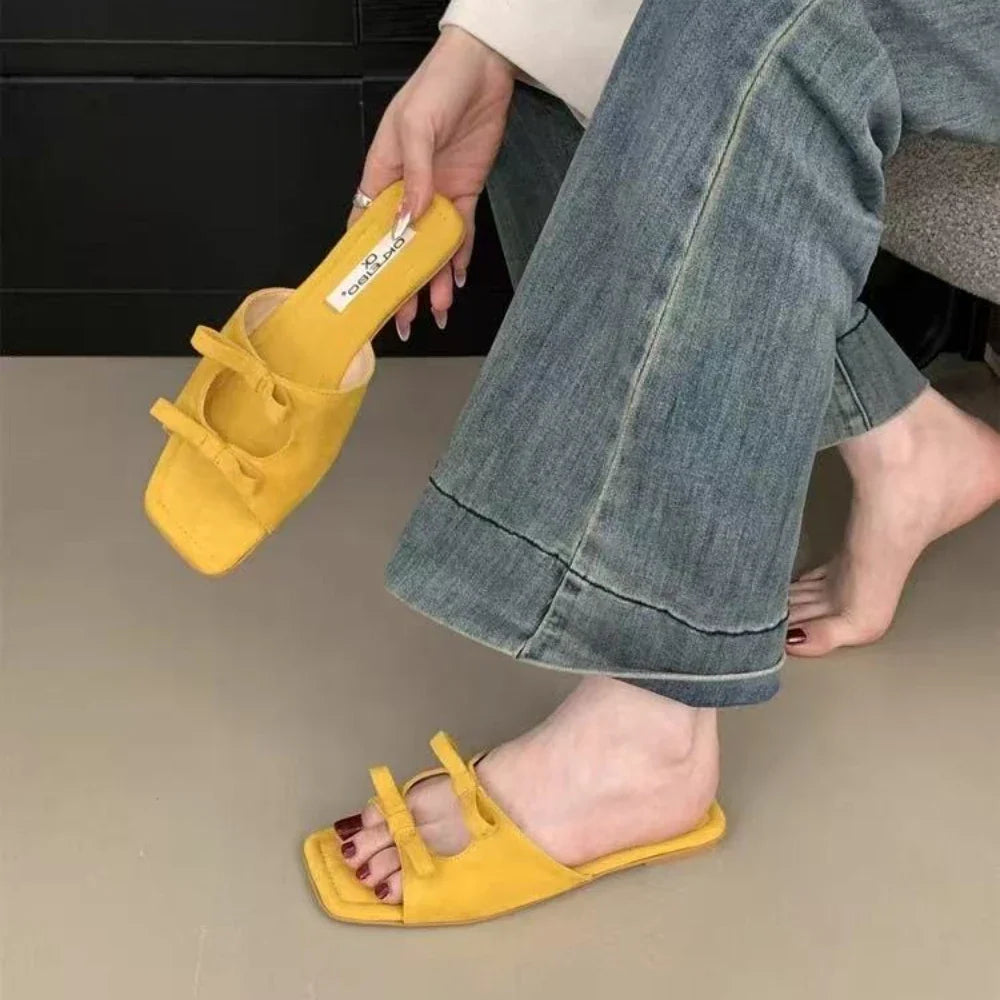 Fashion Butterfly-Knot Ladies Flats Slippers Square Toe Summer Slides Slippers Sandals Shoes For Women