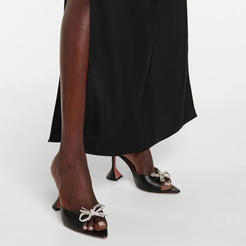 Ladies Black PU Leather Crystal Bowknot Women Slippers Sandals Fashion Goblet Heeled High heels Mules Slides Shoes