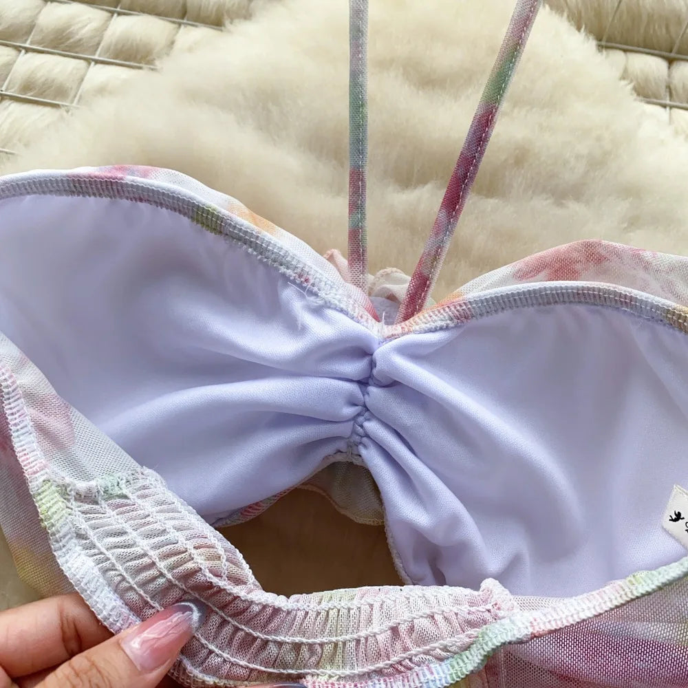 Flower Strapless Halter Tank Top and Split Ribbon Skirt Two Piece Set