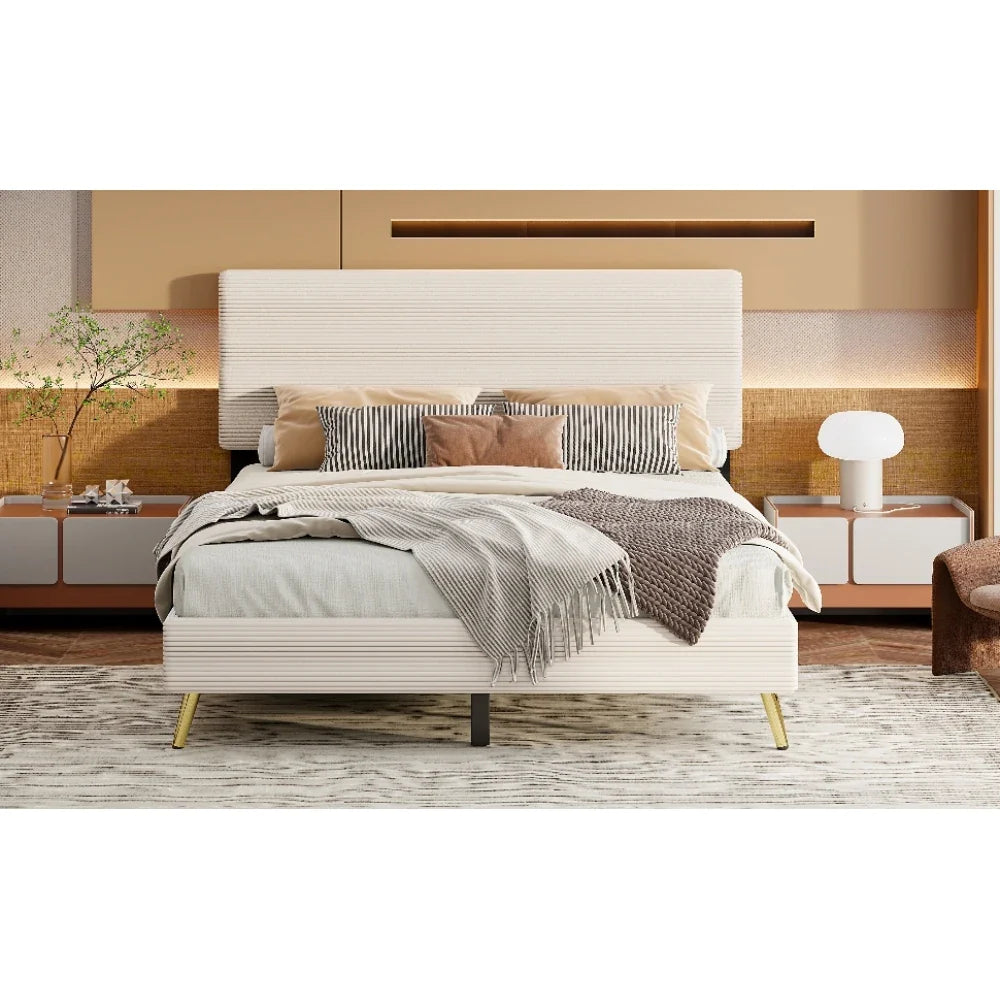 Pink 2 Pieces Bedroom Sets Queen Size Upholstered Bed Frame, Modern Corduroy Storage Ottoman