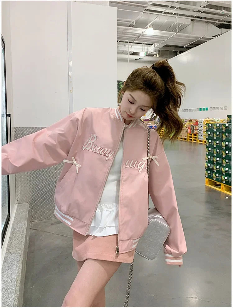 Sweet Butterfly Knot Pink Baseball Jacket Women's Spring Autumn Casual Loose Fit round Neck Full Sleeve Fashionable Coat
