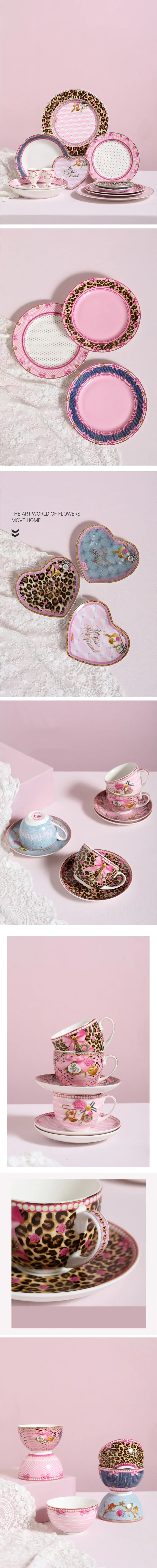 Pink Heart Shaped Dining Plate, Breakfast Tray, Ceramic Lace, Leopard Pattern Tableware, Afternoon Tea Salad Dessert