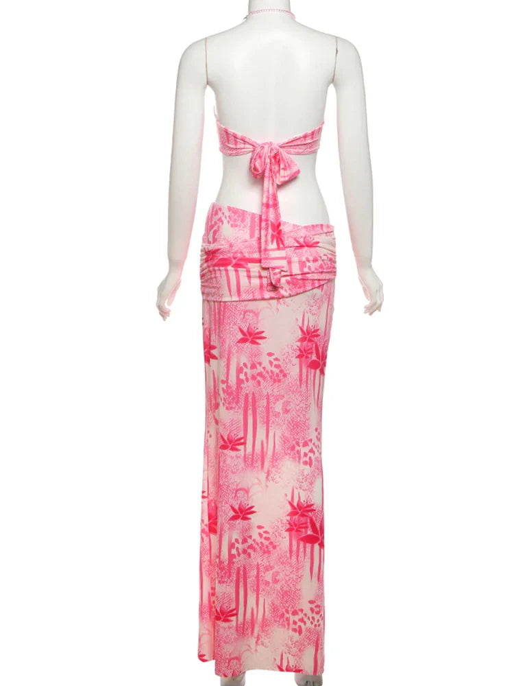 Fashion Patchwork 2 Piece Set Women Pearls Necklace Halter Applique Crop Tops+Skinny Skirt Set