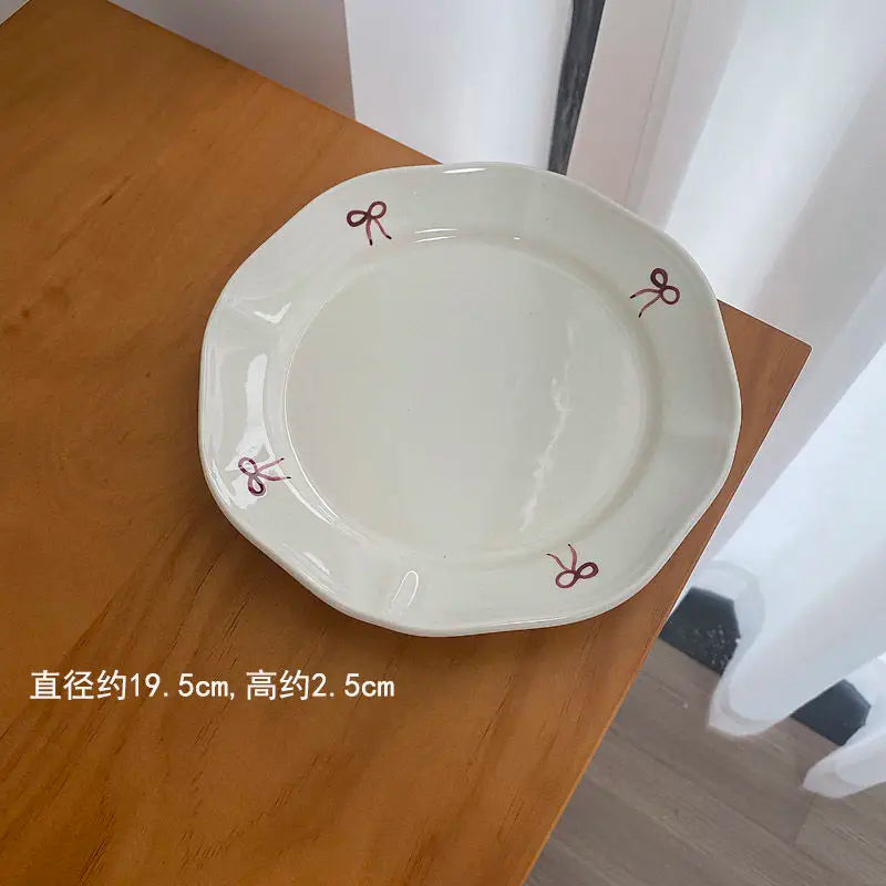 Vintage Red Bow Plate Deep Plate Underglaze Colored Ceramic Tableware Dishes