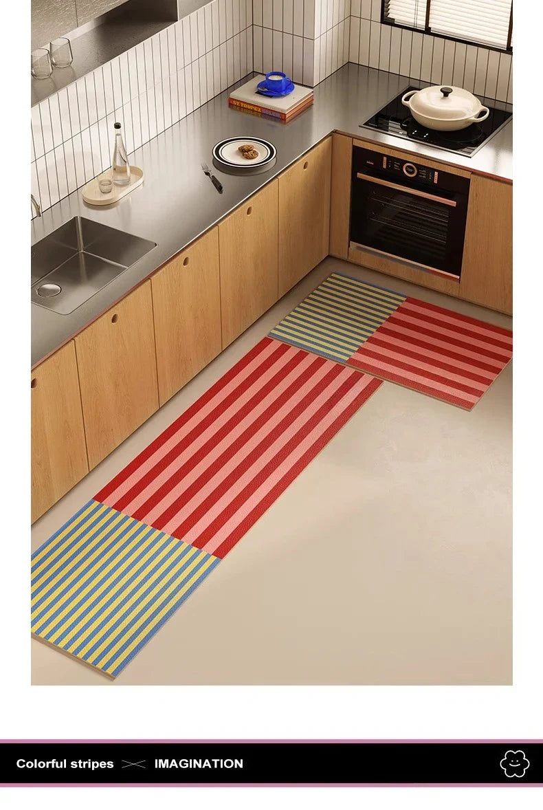 Kitchen Carpet PVC Waterproof and Oil-proof Carpet Easy To Clean Cushioning Rugs Artistic Striped Decorative Carpet Mats
