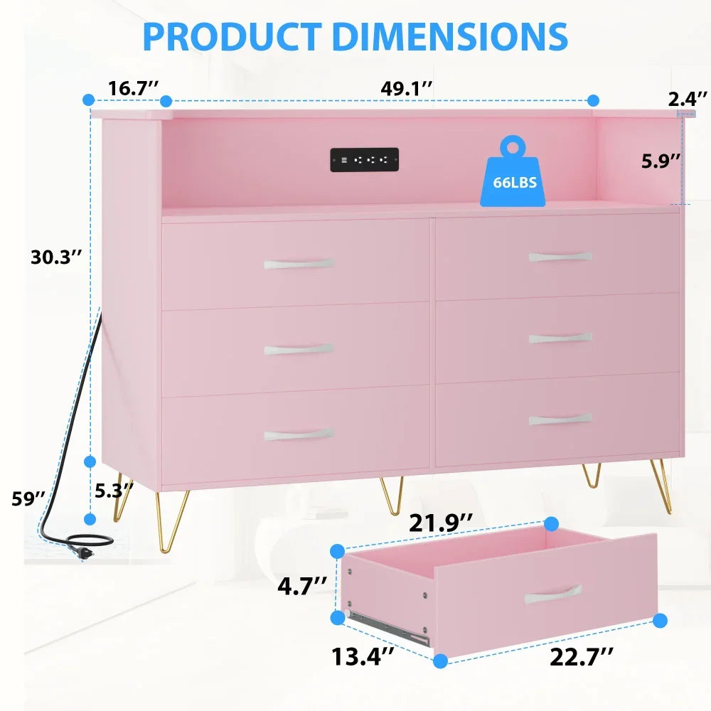 Dresser for Bedroom 6 Drawer with LED Light & Charging Station, Wooden Dressers and Chests of Drawers with 2-Tier Open Shelves
