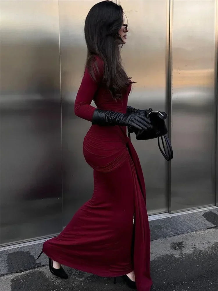 Female Pleated Sexy Maxi Dress Patchwork Twist Slim Long Sleeve Solid Women's Bodycon Dress
