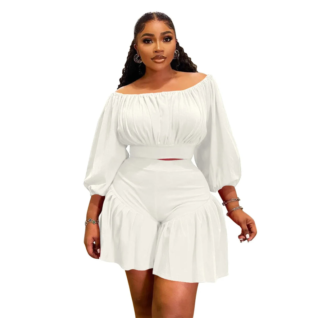 Plus Size Women's Set Long Sleeve Slash Neck T-Shirt and Shorts Summer Ruched Two 2 Piece Set Outfits Tracksuit