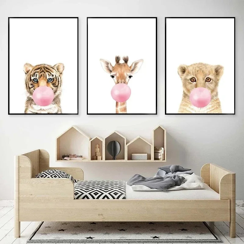 Kawaii Pink Bubble Gum Wall Art Canvas Painting Giraffe Poster Nursery Print Nordic  Animal Kids Pictures Baby Room Decor Tiger