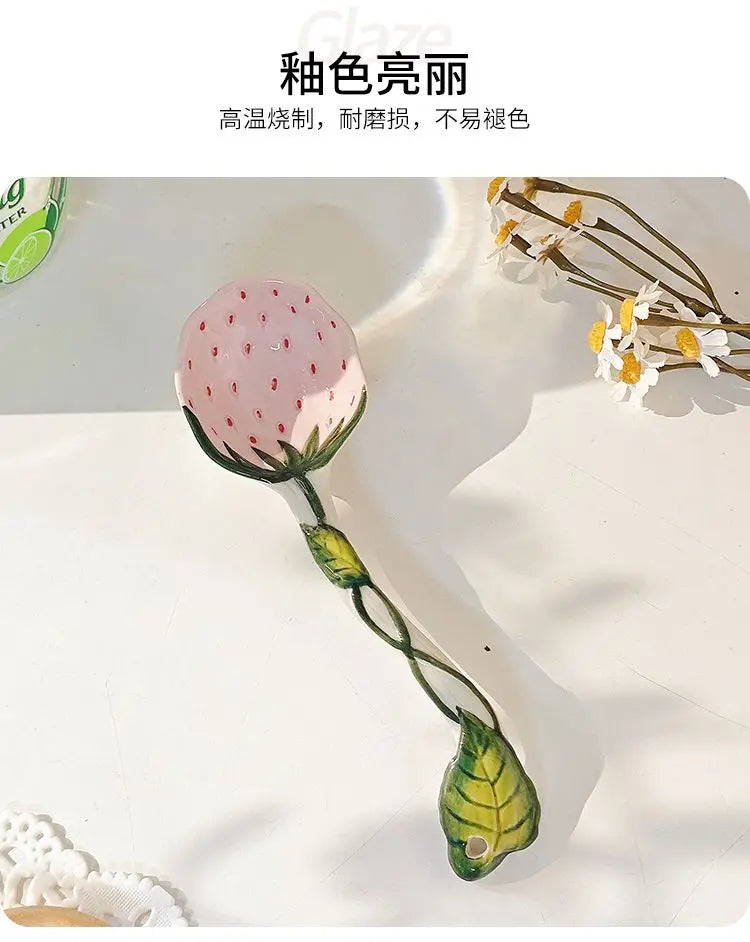 Strawberry Ceramic Spoon, Watermelon Panda Underglaze Household Cute Long Handle Children Eat Dessert Spoons Tableware