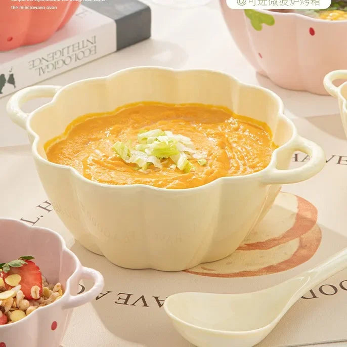 Strawberry Double Ear Ceramic Bowl,Cream 6.5-inch 9.5-inch Soup Bowl with Handle Home