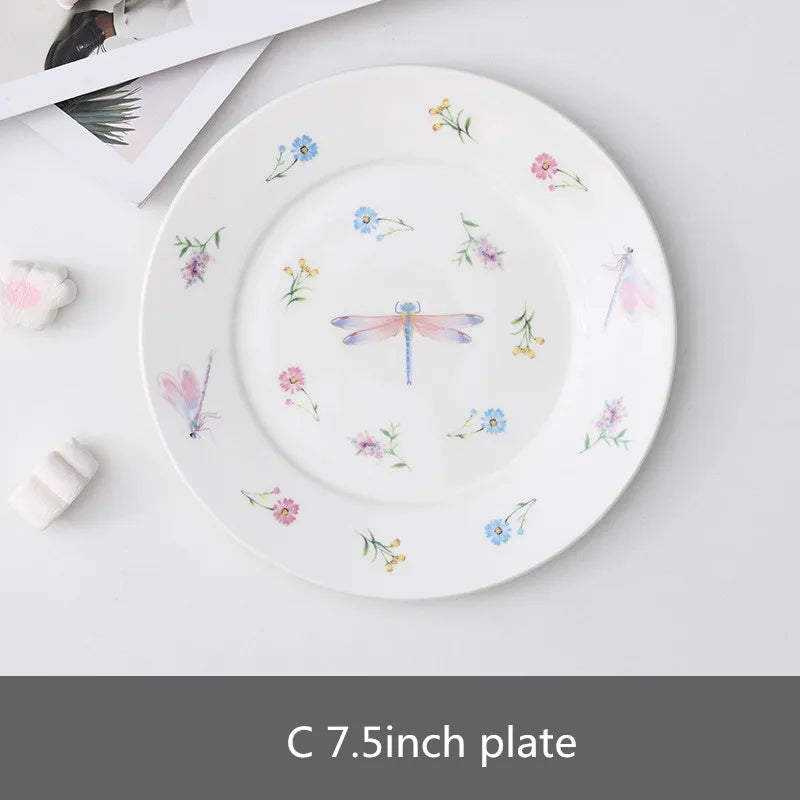 Garden Dragonfly Ceramic Dish Exquisite Round Ceramic Breakfast Dessert Plate Home Dish Plate High Temperature Resistant