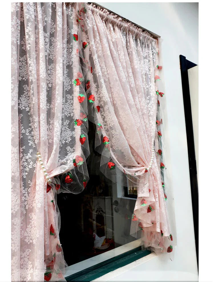 French Pink Lace Cute Strawberry Sequin Lace Curtains