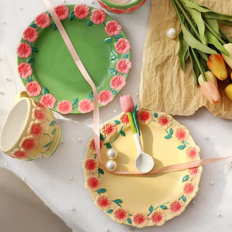 Flower Plate Embossed Small Flower Dessert Plate Ceramic Plate Under Glaze Colored Hand-painted Tableware