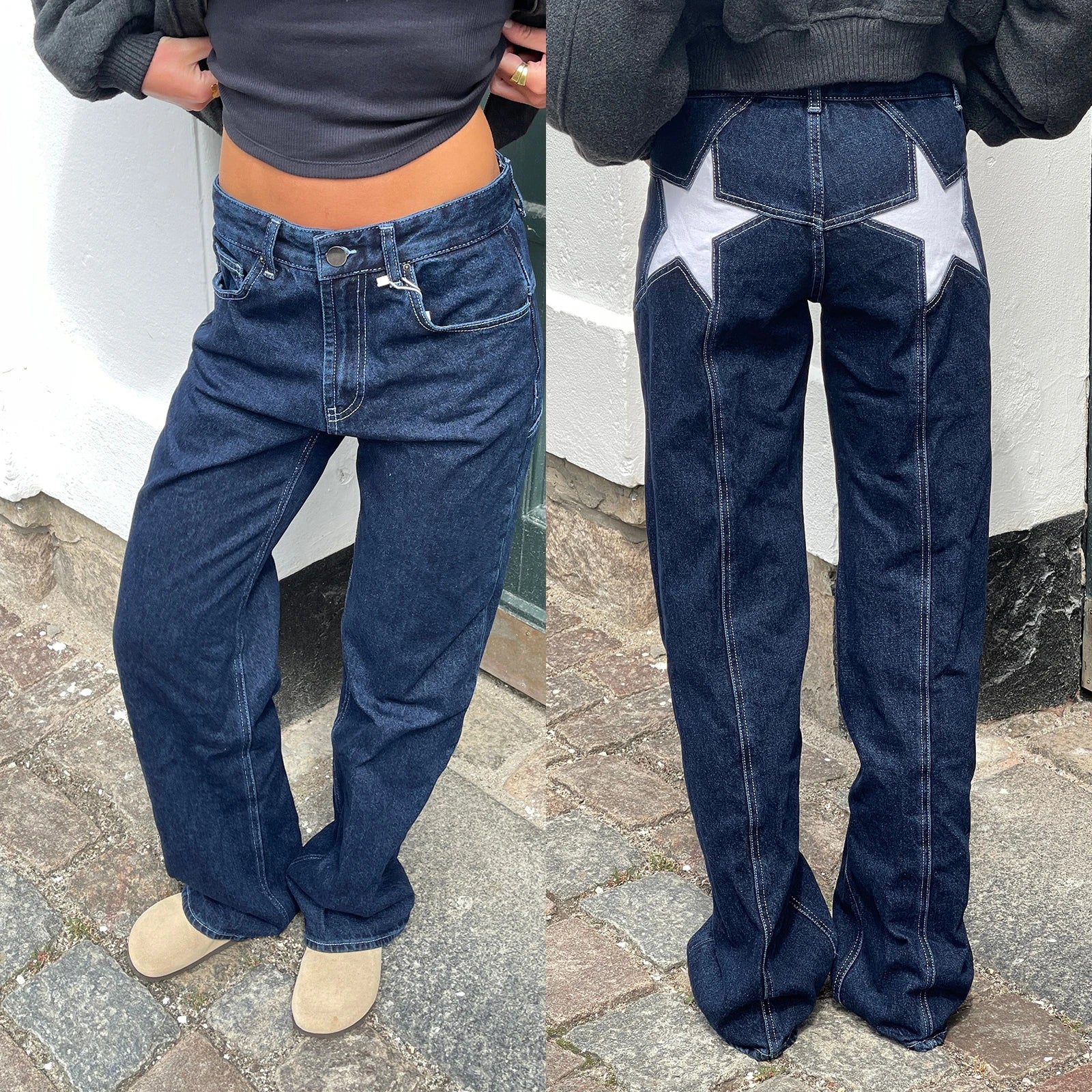 Women's Y2K Vintage Jeans Aesthetic Star Pattern Print Loose Straight Leg Denim Long Pants Casual Low Waist Trousers