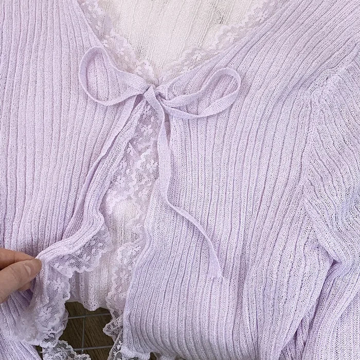 Lace Knitted Cardigans Long Sleeved Short Lace-Up Thin Shawl