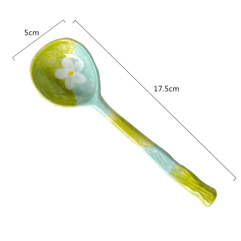 Kawaii Cute Ceramic Flower Spoon Hand Painted Dessert Spoon With Long Handle