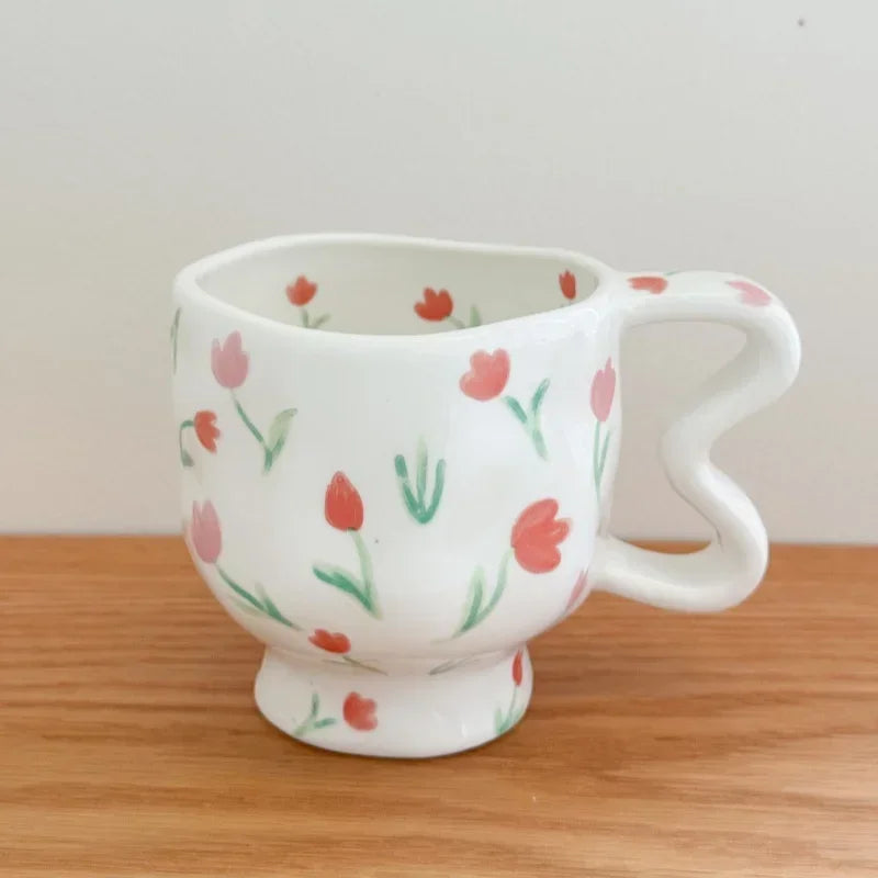 Ceramics Mug Cute Flower Pattern High Footed