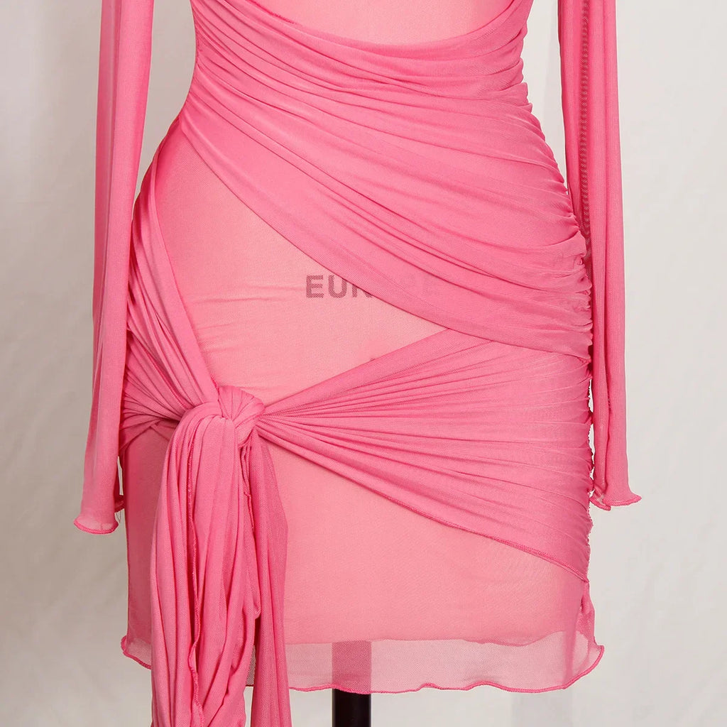 Pink Sexy Sheer Mesh Drawstring Bandage Ruched Y2K Dress Fashion Skew Collar Long Sleeve Party Desses Women