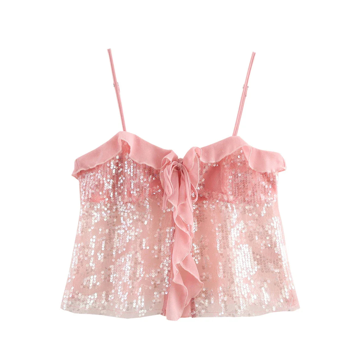 Women Chic Pleat Ruffles Sequined Design Chiffon Sling Camis Tank Lady Backless Short Crop Shirt Blouse Tops