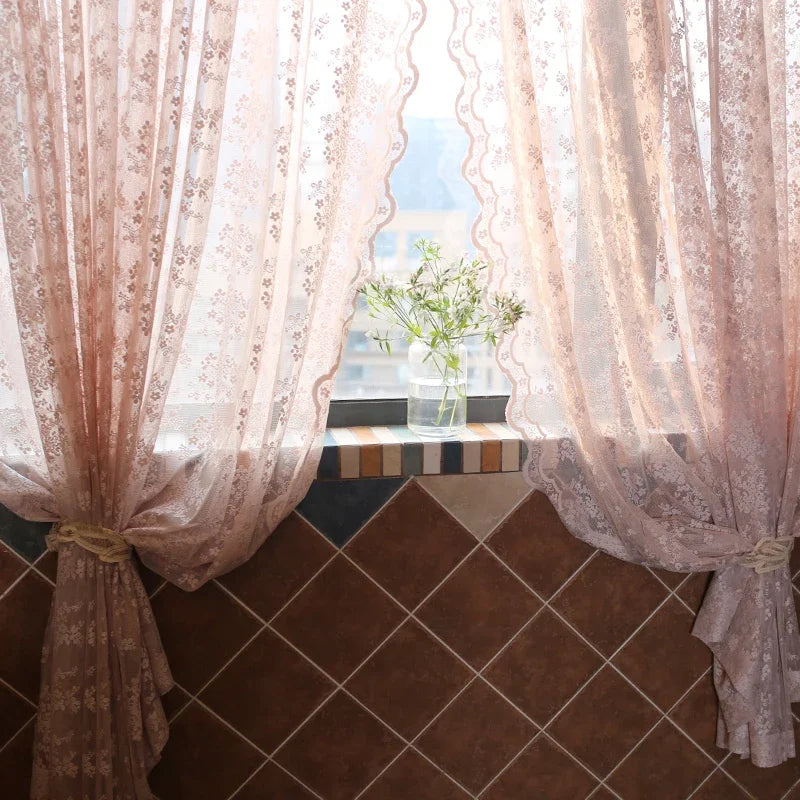 Flower Pink Sheer l French Romantic Jacquard Lace Macrame Tulle Curtain