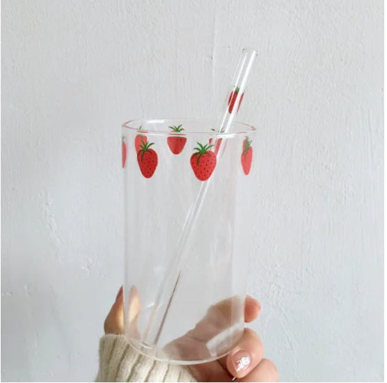 Strawberry Cute Glass Cup With Straw Creative Transparent Water Cup Student Milk Heat Resistant Glass 300ml