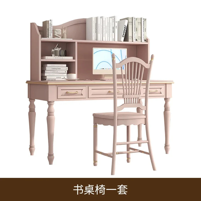 Minimalist Light Luxury Pink Writing Table with Bookshelf, Living Room Study Table and Chair Combination in Oak and Walnut.