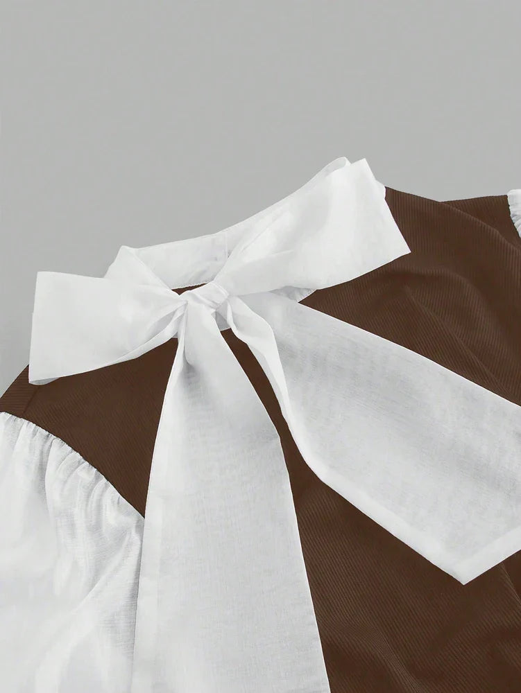 Plus Size Women's Elegant Contrast Bow Tie Long Sleeve A-Line Office Work Shirt Business