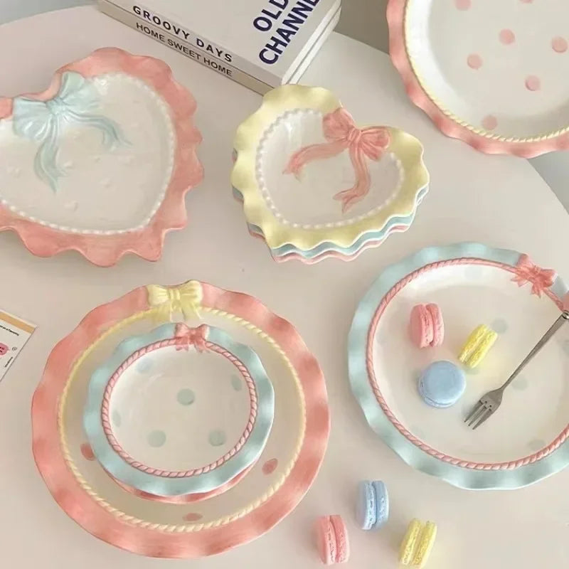 Heart-shaped Bow Wavy Edge Ceramic Dinnerware Set Ideal Cake Presentation,  Princess Pastry Platter, Lace-edged Rice Bowls