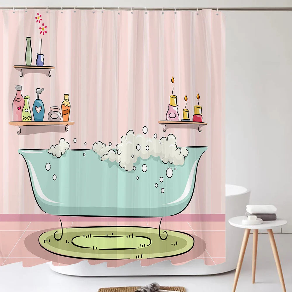 Pink Girl Print 3D Shower Curtain Romantic Polyester Bathroom Curtain Anti-slip Bath Mat Set Toilet Rugs Carpet Decor