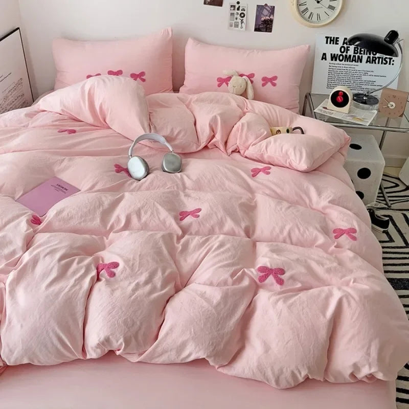 Girls Bedding Set with Bow Korean Breathable Duvet Cover No Filler Flat Sheet Pillowcases Mix Color Comforter Cover Set