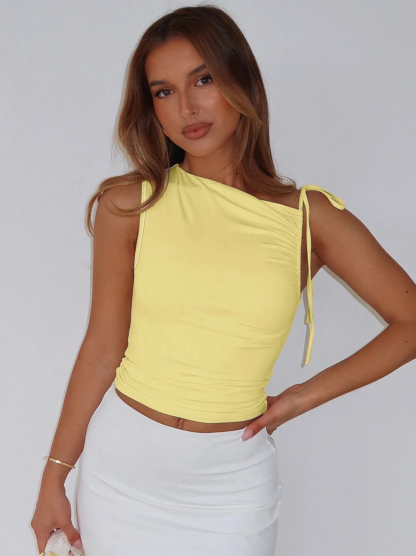 Sleeveless Skew Collar Ruched Lace Up Bodycon Crop Top Sexy Elegant l