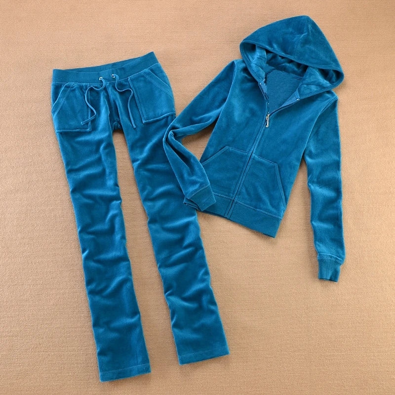 Solid Color Velvet Tracksuit For Women Two Piece Spring Women's Sweatshirt and Trousers Set