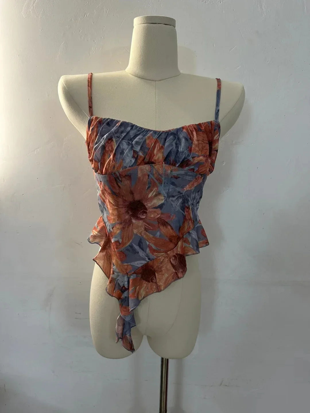 Girls Sweet Ruffles Mesh Camisole Top Lady Camis Sleeveless Printed Floral T shirts Stretch Slim Tanks For Slim Women