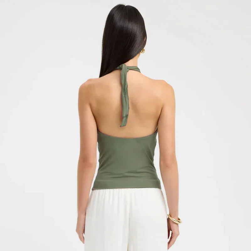 Women'S Solid Color Hanging Neck Tie Hollow Out Metal Ring Strapless Backless Tank Top Summer New Fashion Street Tank
