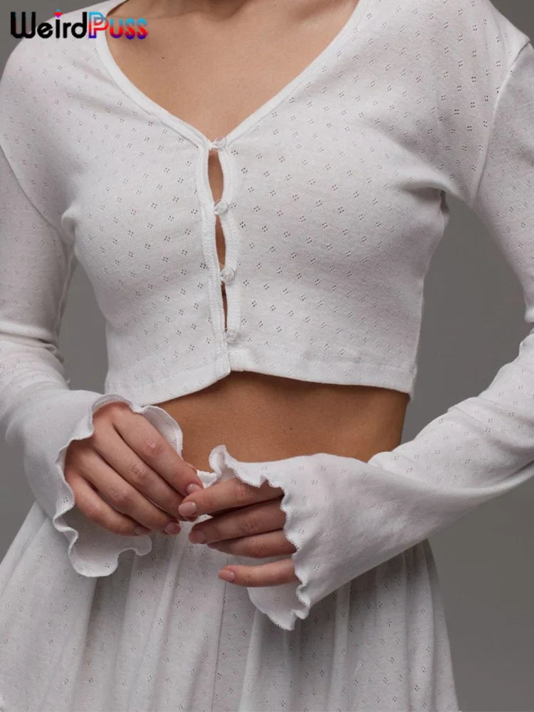 Solid 2 Piece Set Long Sleeve Single Breasted Crop Tops+Ruffles Simple Thin Mini Short Suit