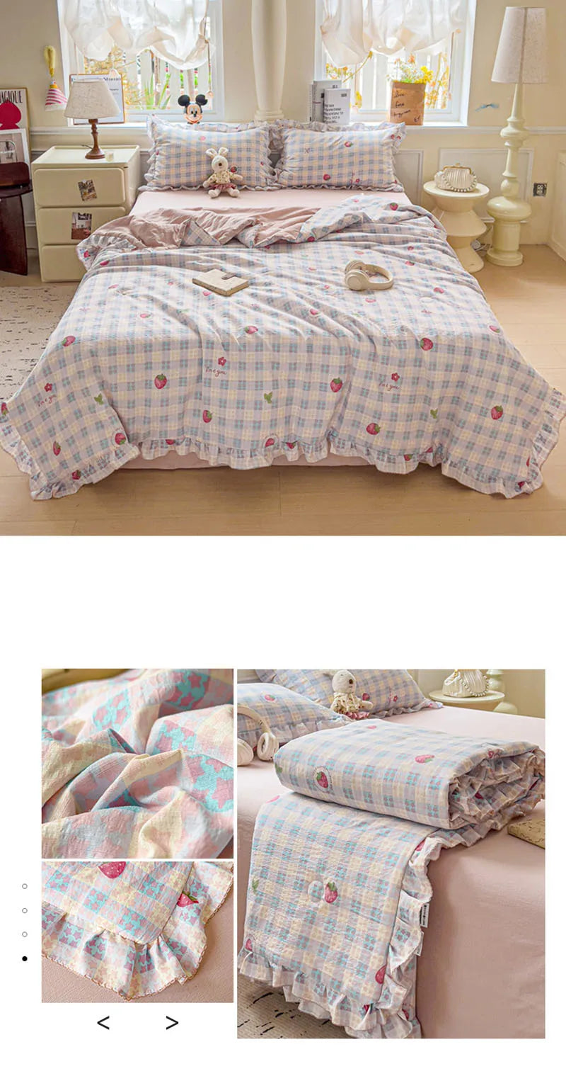 Korean Quilt with Lace and Ruffle Pure Cotton Patchwork Comforter for Summer Skin-Friendly Breathable Cooling Blanket for Home