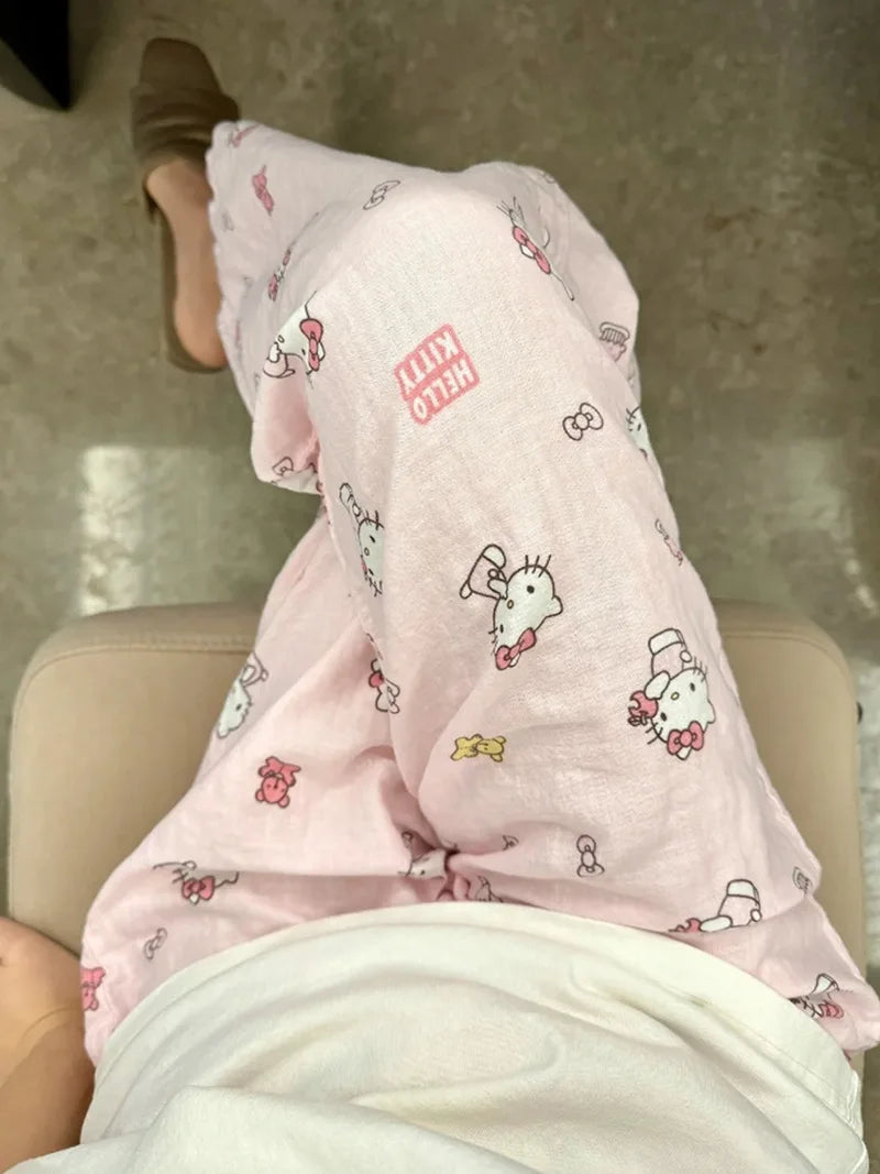 Sanrio Hello Kitty Pure Cotton Pajama Pants Wide Kawaii Kitty Leg Pants Girls Summer Thin High Waist Casual Trousers