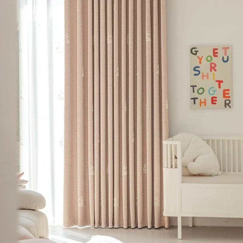 Pink Cartoon 3D Embroidered Rabbit Blackout Curtains for Living Room Bedroom Girls Room Sticky Chenille Drapes Home Decor