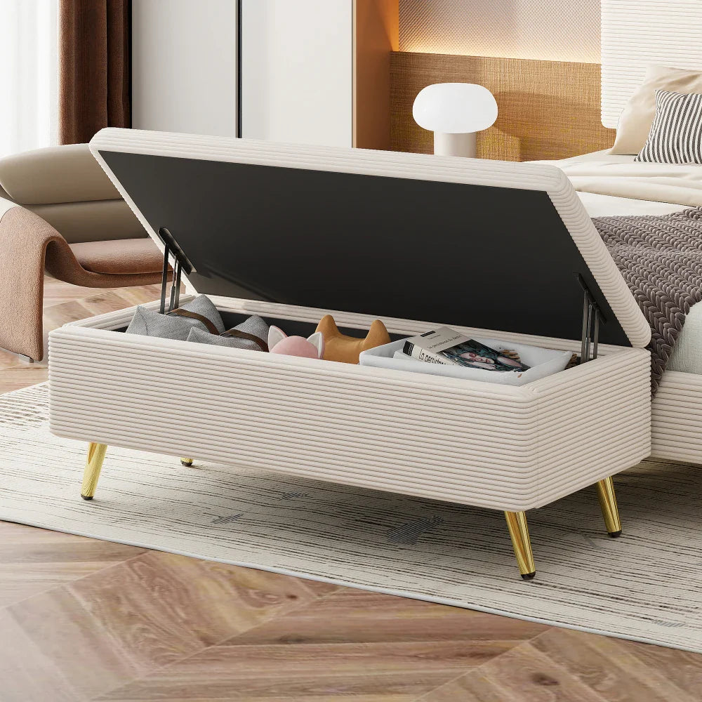 Pink 2 Pieces Bedroom Sets Queen Size Upholstered Bed Frame, Modern Corduroy Storage Ottoman