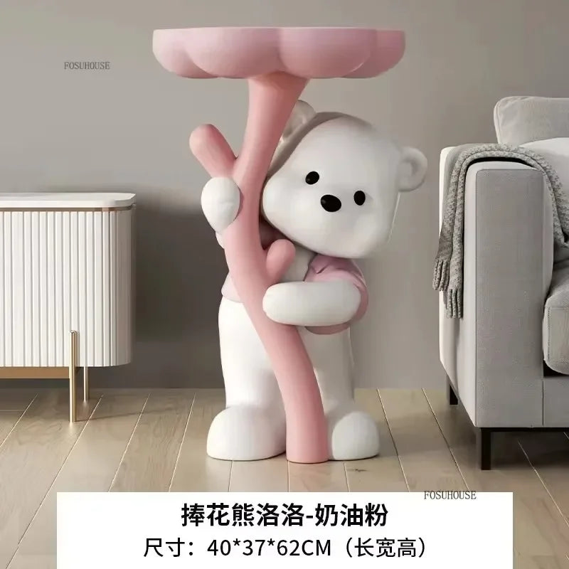 Cute Cartoon Bear Hug Flowers Landing Side Tables Living Room Bedroom Creative Table Home Decoration